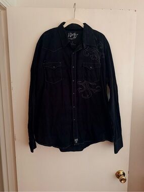 Rock & Republic Black Western-Style Embroidered Button-Up Shirt